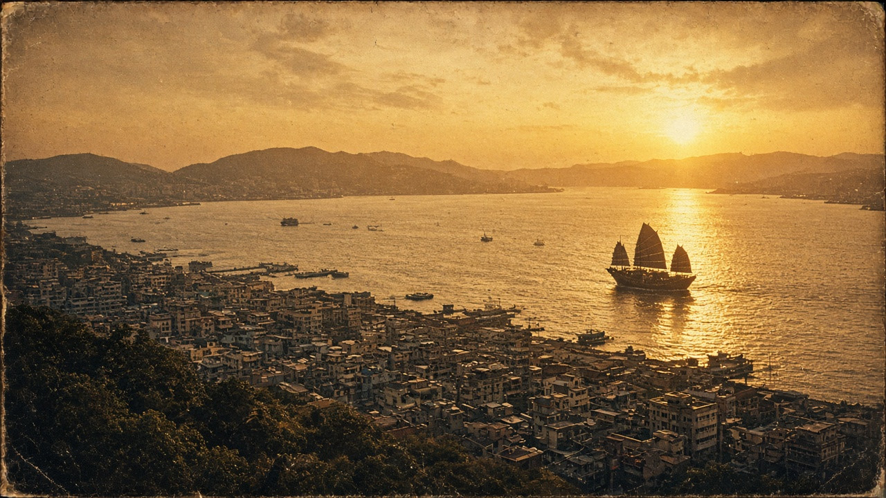 Vintage Hong Kong harbour at golden hour